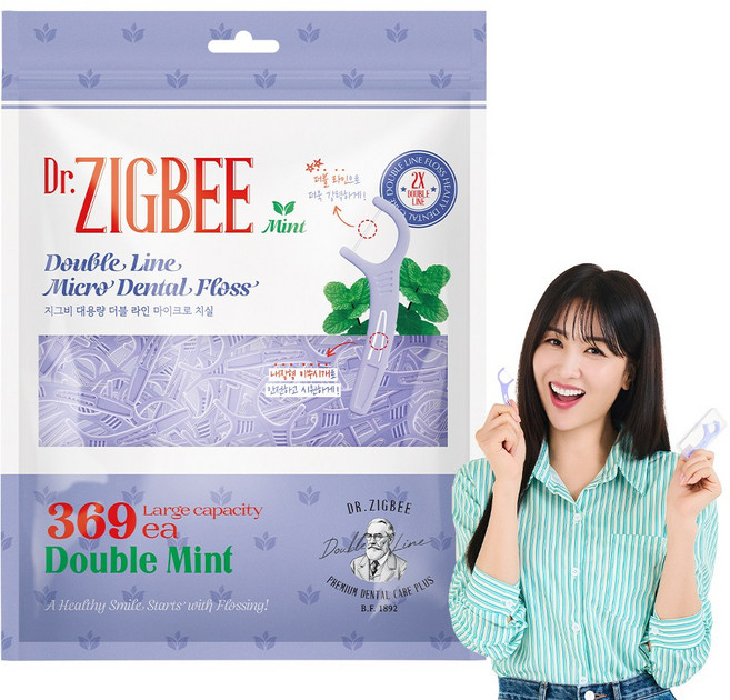 지그비 마이크로 더블라인 두줄 치실 여배우 Pick 더블민트향, 1세트, 369개입, 8cm