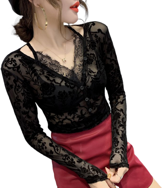 댄스복 상의 라인댄스복 브이넥 레이스 망사 펀칭 레이스 여성 티셔츠 Women's T-shirt 뉴타임즈