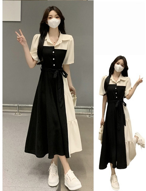 삼제태전 여름 여성용 빅사이즈 롱원피스 A라인 반팔 셔츠 카라 원피스 데일리룩 배색 원피스
