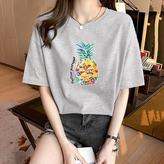 스타일아유 귀여운 파인애플 면100% 오버핏 여성용 롱티 자체제작 반팔티 빅사이즈 반팔 티셔츠[AYG6TS376A]