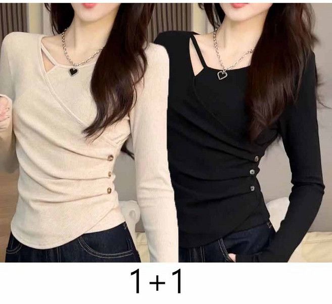 1+1 여성 슬림 긴팔티 여성용 유니크 슬림핏 주름 디테일 버튼 포인트 상의 LT