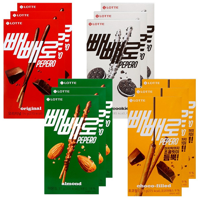롯데웰푸드 빼빼로 4종 3개씩 (초코 오리지널54g+화이트쿠키37g+아몬드37g+초코필드53g), 1개