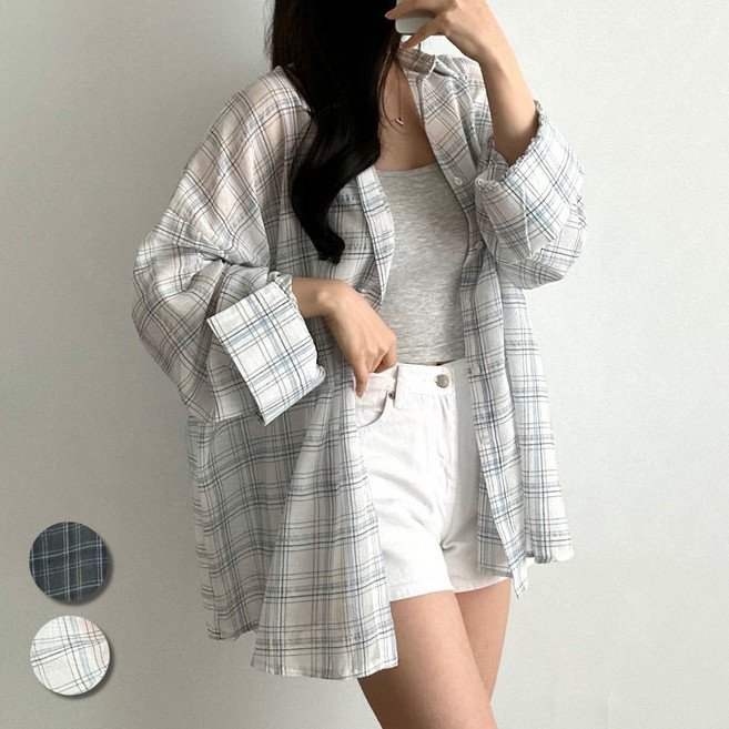 핏몬 여성 빅사이즈 체크 여름 간절기 시스루 거즈 박시 롱 셔츠 55~99