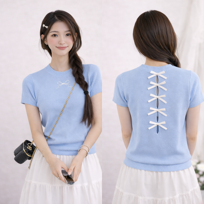 MINA STYLE 여성 리본 자수 백트임 반팔 니트 티셔츠 슬림핏 여름 라운드넥