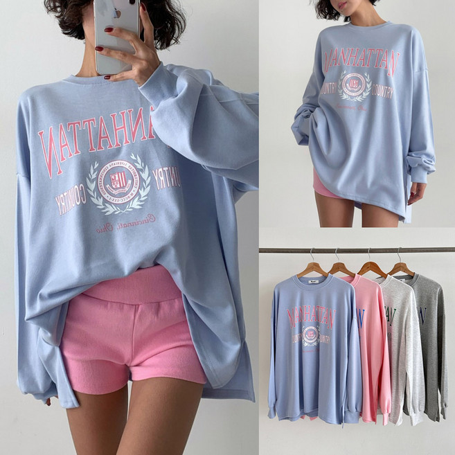 여성 빅사이즈 라운드넥 맨하튼 레터링 오버핏 봄가을 긴팔 맨투맨 티셔츠