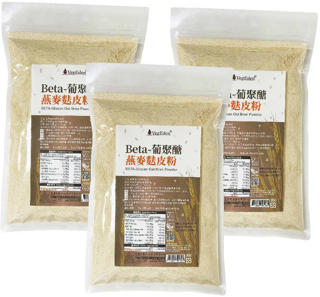 VegEden 葡聚醣燕麥麩皮粉 每100g含12g Beta-葡聚醣 英國全素協會認證, 1個, 3包組