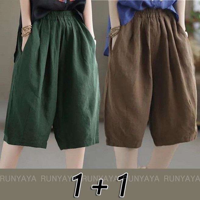 1+1 여름 썸머 베이직 린넨 와이드 바지 팬츠 여자 면 마 린넨바지 캐주얼 반바지 D99U