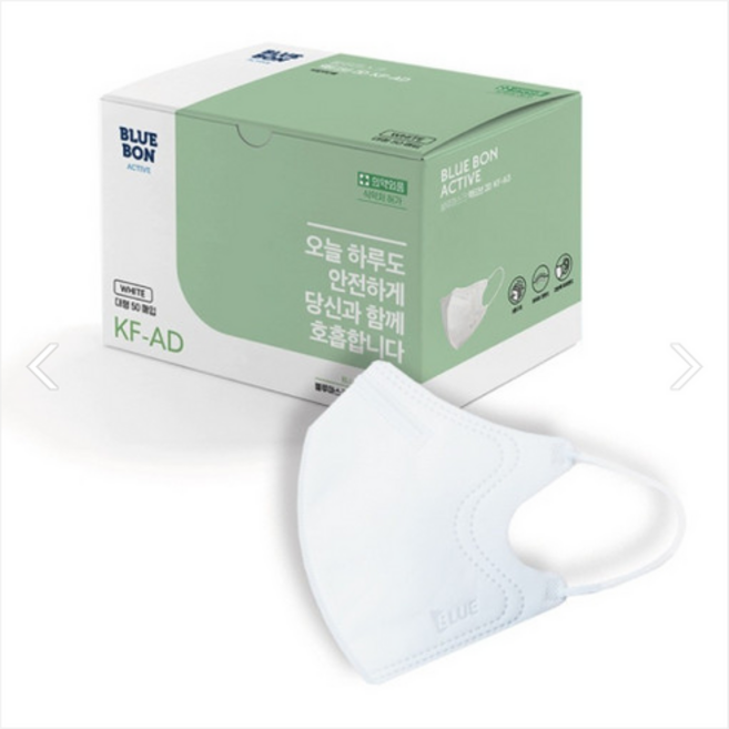 블루인더스 블루본 액티브 비말차단 마스크 새부리형 대형 KF-AD, 50개입, 1개, 화이트