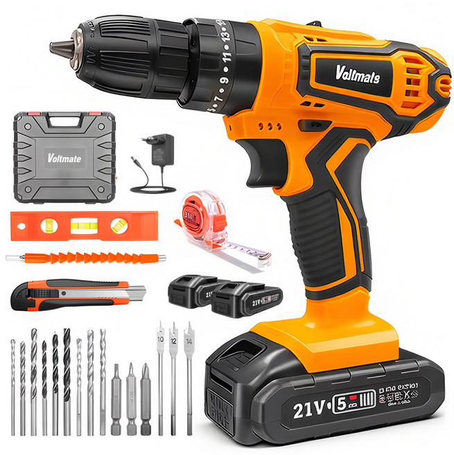 [국내발송] VoltMate 독일 21V 다용도 전동드릴 25N 임팩드릴 평드릴드릴 해머드릴 25단 토크 조절 고/저 듀얼 스피드 3가지 모드 조절 가능 2000mah듀얼배터, 1세트