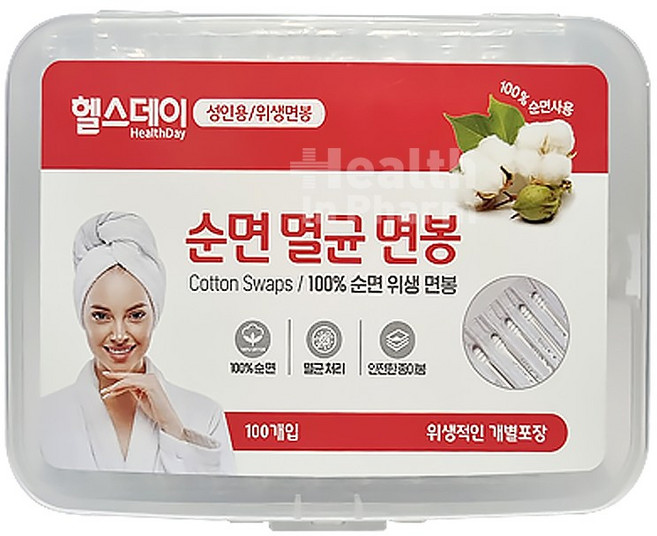 헬스데이 순면 멸균 면봉(개별포장_성인용)100P/위생적인면봉, 1개, 100개입