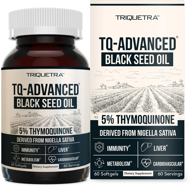 블랙씨드오일 체중 피부 블랙 씨드 오일 캡슐 | 5% 티모퀴논 TQ어드밴스드 최대 강도 캡슐당 500mg 니겔라 사티바 원료 형태 비건 유리병(60캡슐) 농축액 15:1, 1개 - 쿠팡