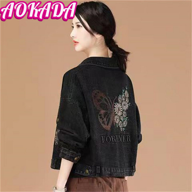 AOKADA 여성 봄가을 유니크나비자수 오버핏 숏 데님자켓