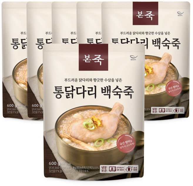 [본죽] 냉장 통닭다리 백숙죽 600g 6팩(T)(임박할인 ~4/20까지), 6개