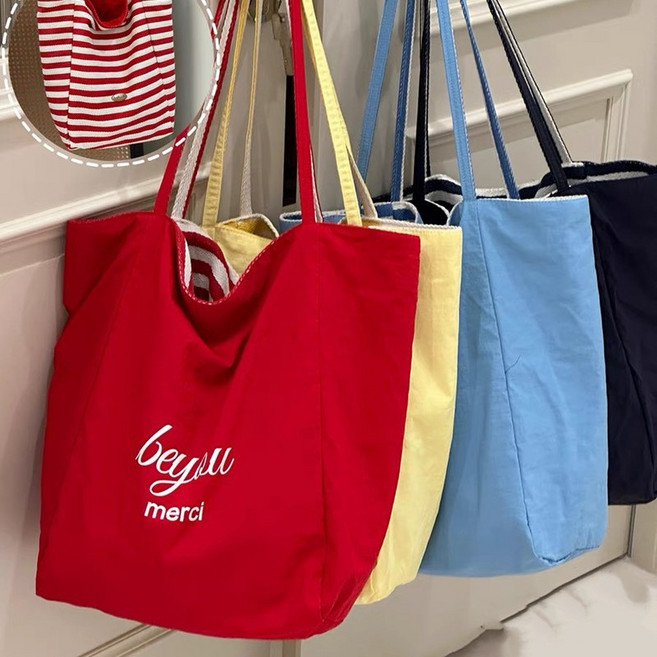 스트라이프 캔버스 백2024새로운 한국 버전 ins 토트 캐주얼 가방 단어 대용량 토트バッグ 쇼핑백