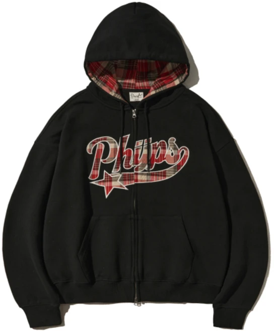 PHYSICAL DEPARTMENT 체크 스타테일 엘보우 패치 후드집업 블랙 - 쿠팡