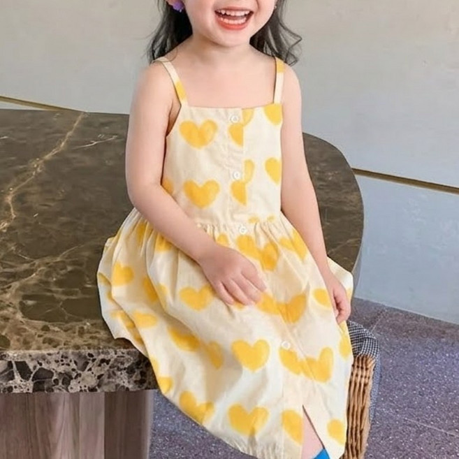 구빠방 아동 여아 하트 패턴 끈 민소매 나시 드레스 원피스