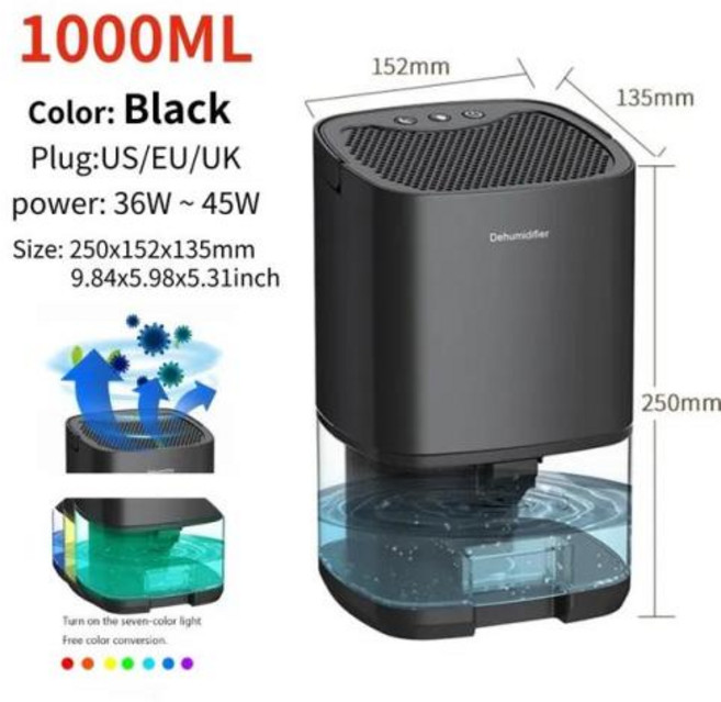 공기청정 제습기 휴대용 가정용 미니 수분 흡수기 청정기 및 건조 반도체, 3) black  영국 플러그