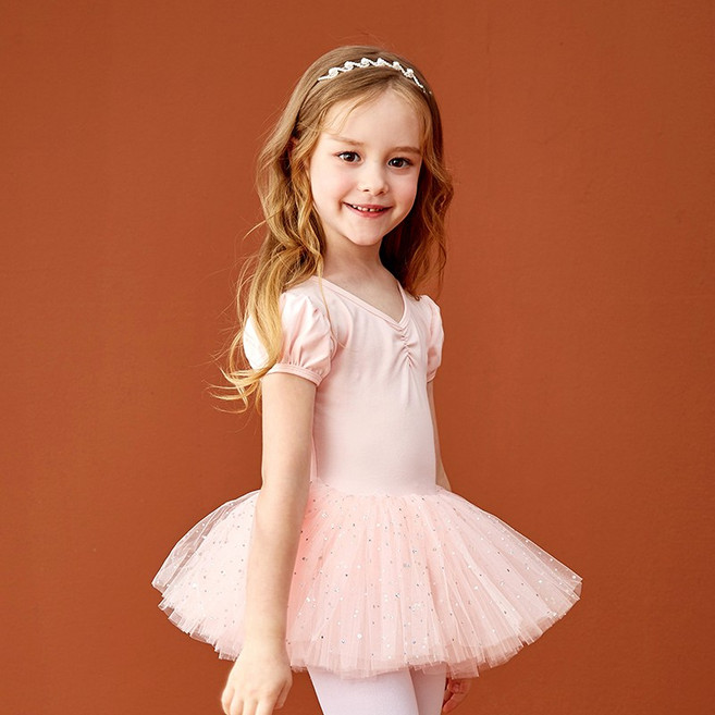 어린이 무용복 소녀 퐁퐁소매 뒤 리본 레이스 튜튜 스커트 반짝이 발레복, 연분홍색, 1개