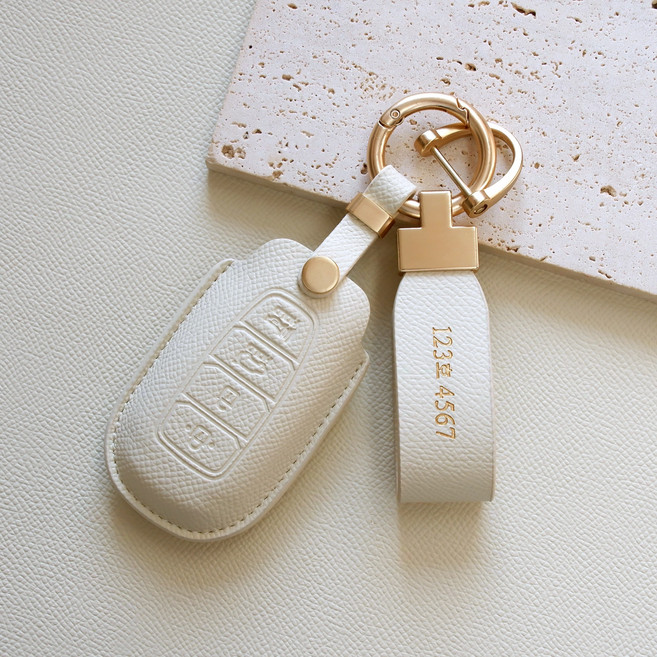 (무료각인) 트니르 현대 호환 그랜저IG 올뉴아반떼 CN7 팰리세이드 I30 벨로스터 코나 베뉴 싼타페 차 키케이스 가죽 + 키링 차량용품 키홀더, 현대C타입(4버튼), 아이보리