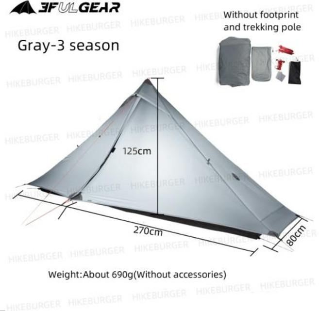 1인용 경량텐트 비비색 비박용 초소형 3F UL GEAR 란샨 1 프로 텐트 아웃도어 초경량 캠핑 도어 방수 하이킹 등산용, 5)Nylon 3season Gray