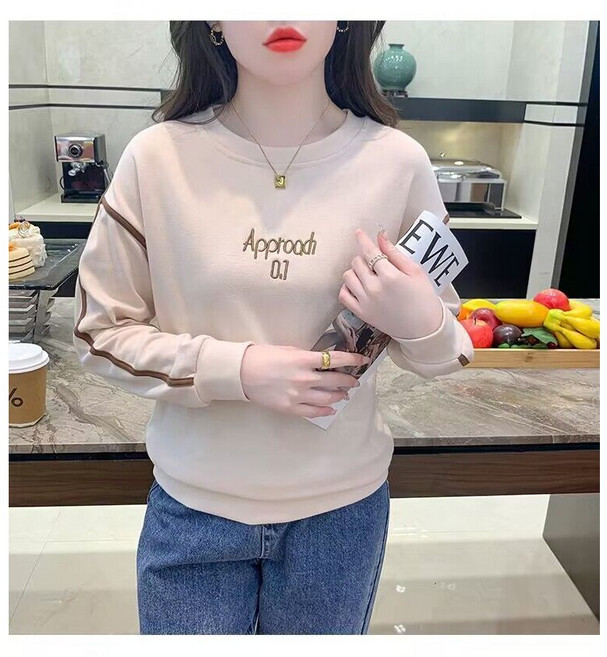 COSYEVNO 여성 봄 가을 라운드넥 맨투맨 티셔츠 TIME 자수 LFHnswy-4