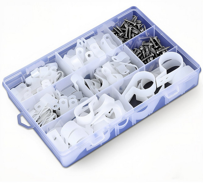 R형 케이블클립 135개세트 나일론 와이어코드 컴퓨터선 랜선 전선 배선 정리 고정, 135개세트(케이스포함), 135개