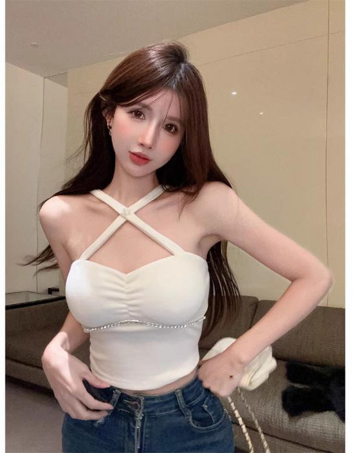 掛脖吊帶背心 鑲鑽設計感修身氣質上衣