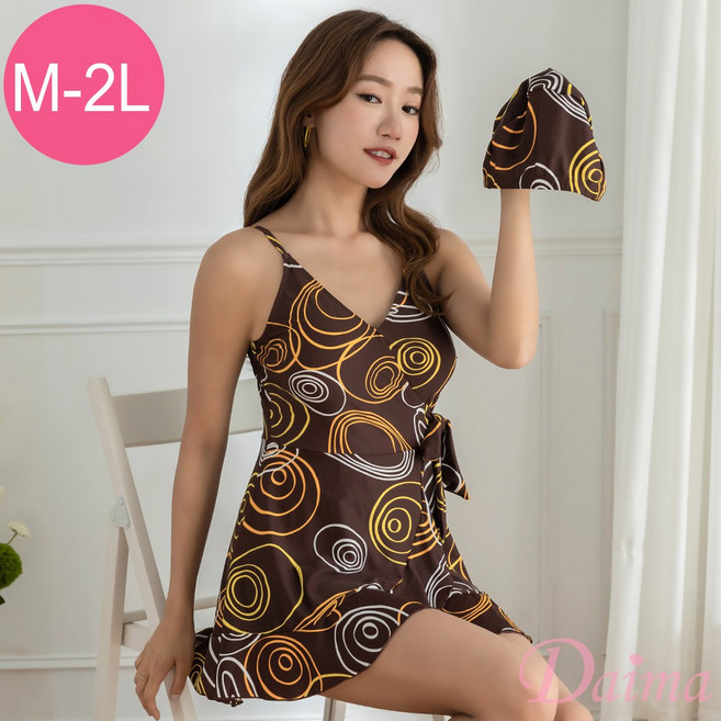 Daima黛瑪 女款細肩帶連身泳衣 M-2L 大尺碼 V領交叉設計 附可拆襯墊 兩色, 咖啡