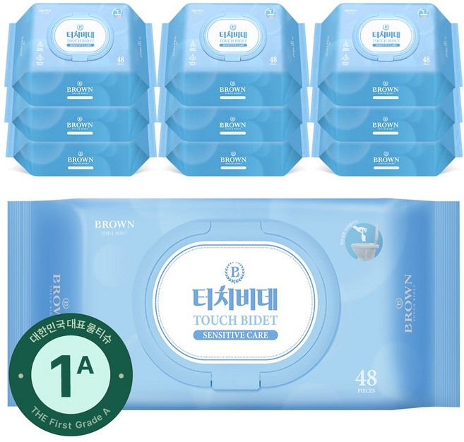 비데 물티슈 구매1위 물에 잘 녹는 화장실용 물티슈 캡형 브라운 터치비데 센시티브 케어, 146g, 48매, 10개