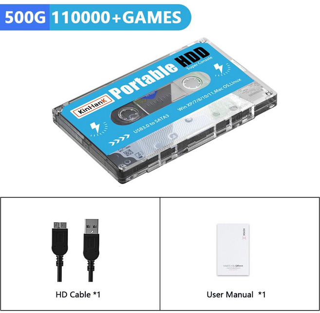 레트로게임기 고전게임 오락실게임기 옛날게임 KINHANK 슈퍼 콘솔 500G 게임 HDD 100000 비디오 70 에뮬레이터 DCMAMESSNAOMIPS2PS1 플러그 앤 플레이, 1) 500g