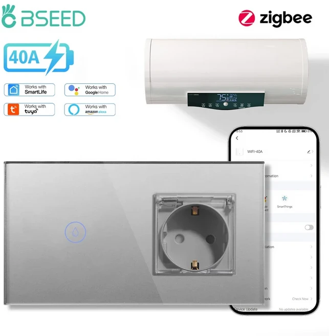 BSEED 지그비 온수기 보일러 터치 스위치 욕실 투야 스마트 라이프 앨리스 구글 홈 앱용 EU 벽 소켓 USB C, 01 EU 표준, 07 Cover Socket Gray