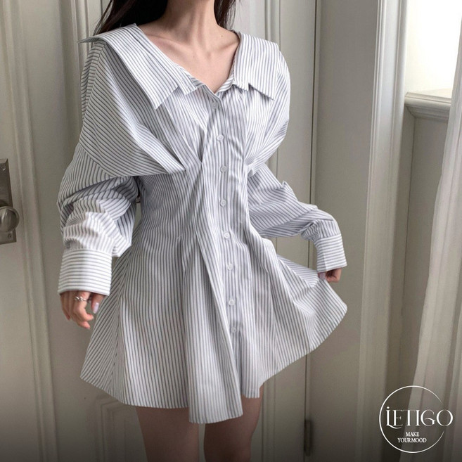 레티고 발레코어 스트라이프 백스트랩 허리슬림 셔츠 미니 원피스