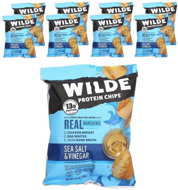 와일드 브랜드 단백질 칩 히말라야 핑크 소금 8봉지 1.34온스(38g) 각각, Wilde Brands 단백질 칩 바다 소금 및 식초, 38g - 쿠팡