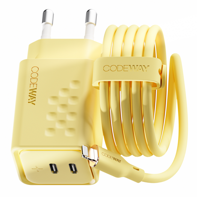 코드웨이 50W C타입 고속 충전기+ 아이폰 라이트닝 8핀 고속 충전케이블 2M, 레몬 옐로우, 1세트