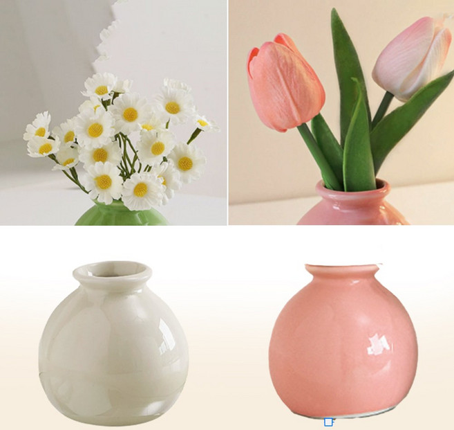 레디박스 사무실 식탁 인테리어 미니 원형 꽃병 조화 세트, 크림 데이지+핑크 튤립