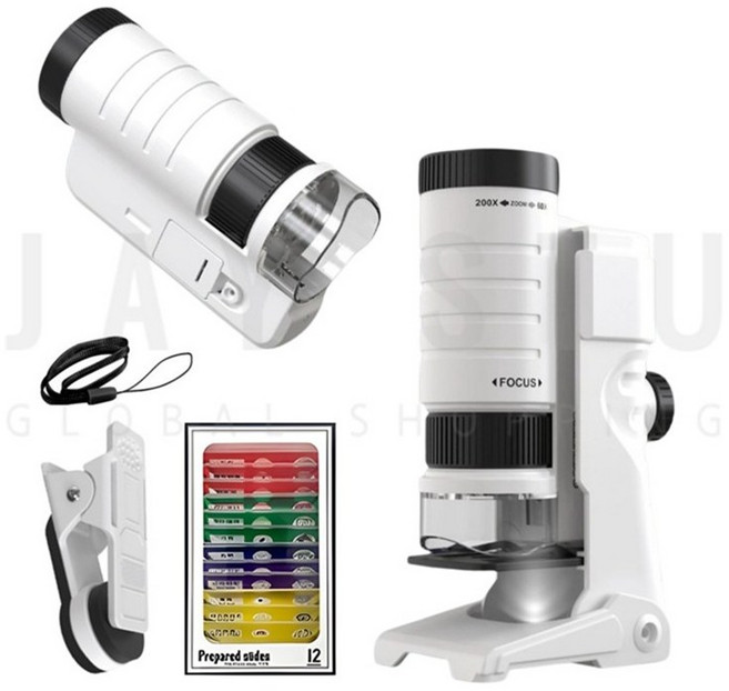제이스튜 200배율 LED 야외 관찰 현미경 3in1 스마트폰연결 탈착식 미니 풀세트, 본체+핸드폰거치대+현미경관찰대+샘플12개, 1개, 200배율 화이트블랙