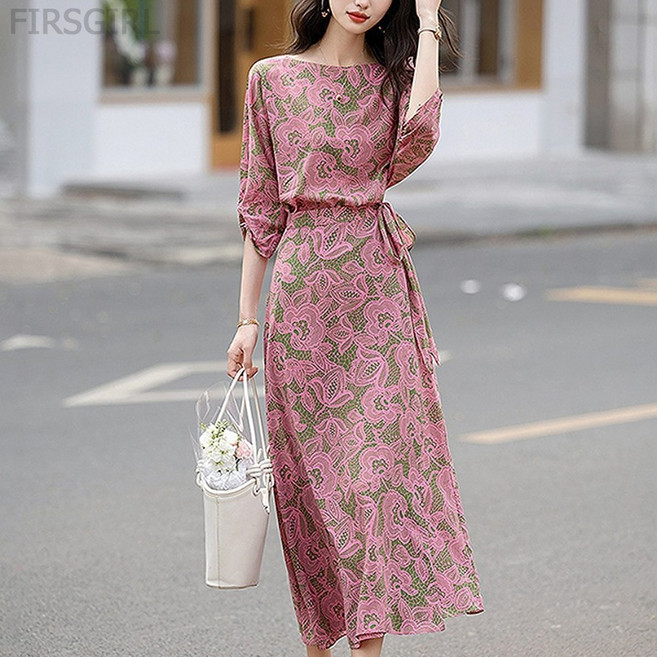 FIRSGIRL 여성 여름 플라워 롱원피스 허리스트랩 7부소매 데일리