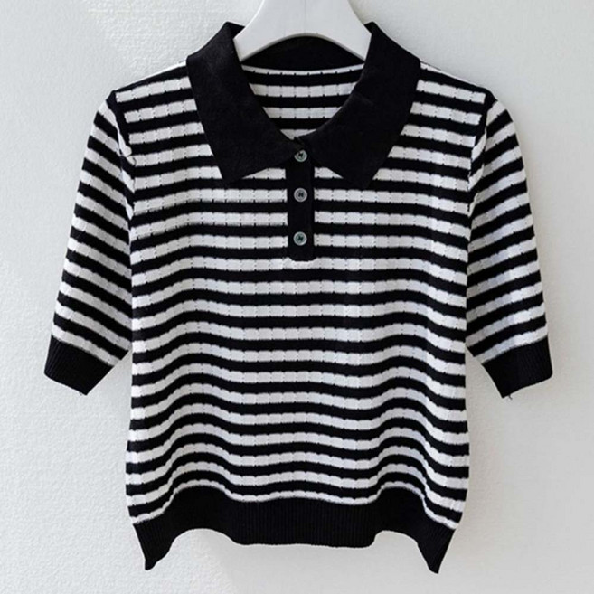 TKX 여성 부드러운 스트라이프 카라넥 니트 스웨터 봄 가을 반팔 베이직 데일리