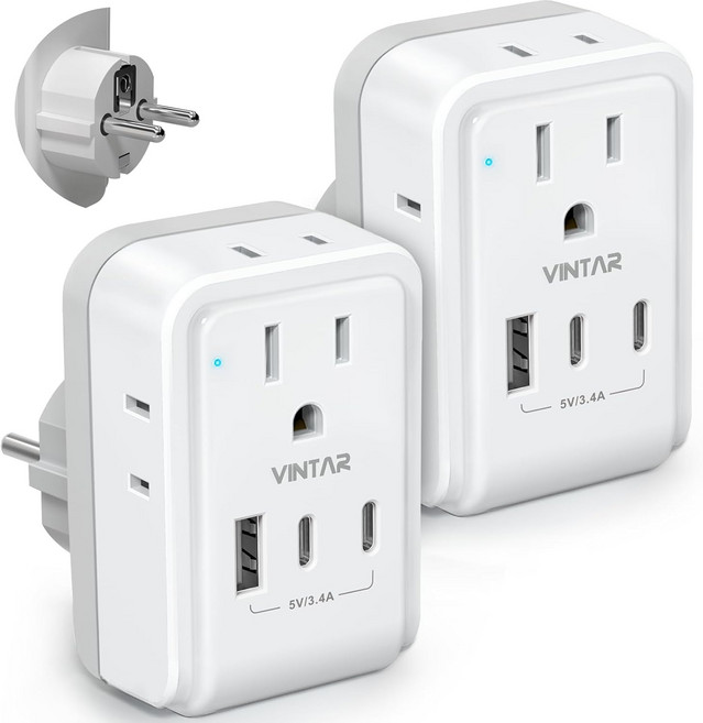 유럽 여행용 플러그 어댑터 1팩 4개의 AC 콘센트가 있는 VINTAR 접이식 국제 전력 3개의 USB 포트2개의 C 미국 대부분의 EU 이탈리아 스페인 프랑스 슬란드용 타입, Type E/F - Germany