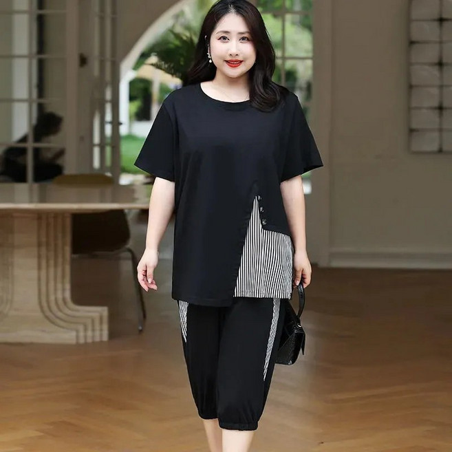 꽃소담 ~150kg까지 빅사이즈 여자 여름옷 투피스 반팔티 7부밴딩바지 상하의세트 XP993