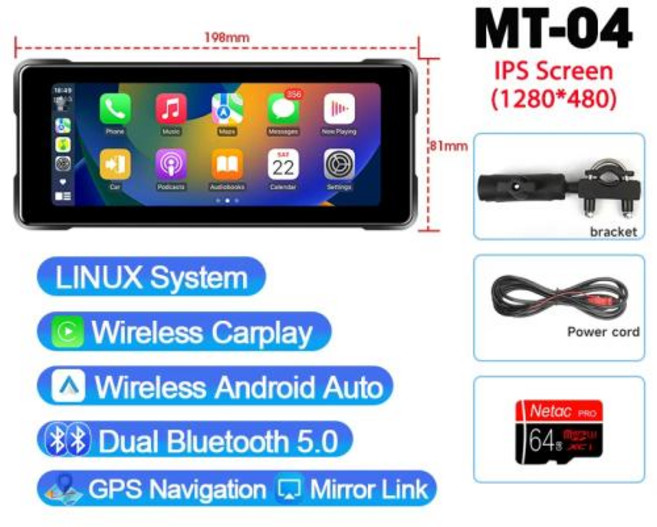 오토바이 DVR GPS 내비게이션 무선 카플레이 안드로이드 자동 방수 모토 전면 후면 카메라 듀얼 블루투스 5/7 인치, MT-04 Carplay-64G, 4) MT-04 Carplay-64G
