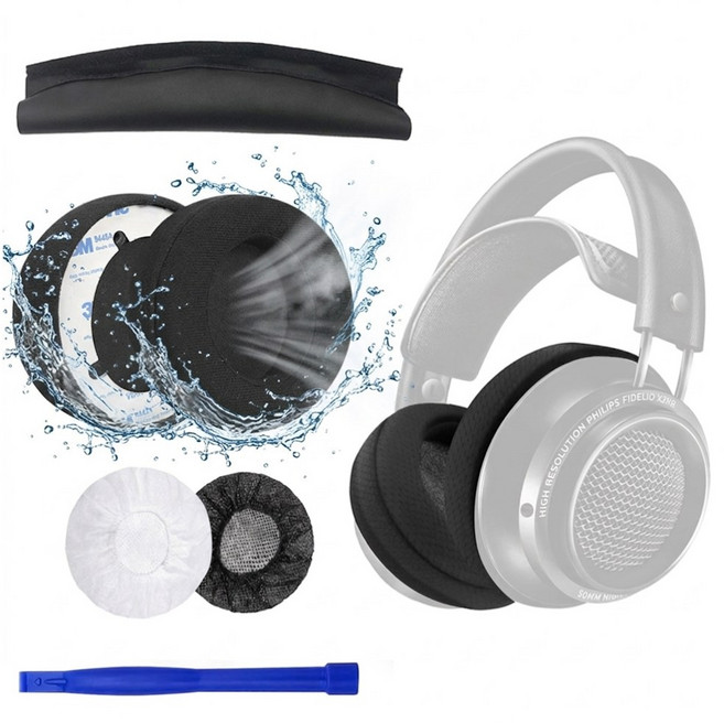 호환 김가루방지 메쉬형 필립스 피델리오 X2HR X2 X1 X1S 패브릭 이어패드 교체용 헤드폰 커버 솜 쿠션 4종 풀세트, 3세트, 블랙