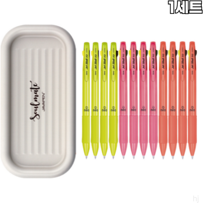 자바펜 제트 3볼 Biz 네오 0.7 유성 흑 + 적 + 0.5 형광 펜 3종 x 4p + 펜트레이 세트, BEIGE(트레이)+펜(옐로우+핑크+오렌지), 4세트