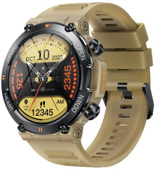 [가성비 스마트워치] K56Pro 남성용 스마트 워치 심박수 혈액 블루투스 스포츠 400mAh 긴 대기 시간 1.39 인치 360360 HD 화면 야외 스마트워치, [01] with original box, Khaki Silicone
