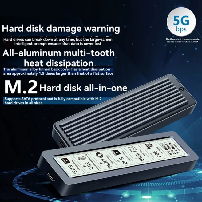 스마트 디지털 디스플레이 화면 M2 SSD 케이스 SATA 프로토콜 인클로저 5Gbps USB3.2 Gen2 타입 C 디스크, 01 As Shown A