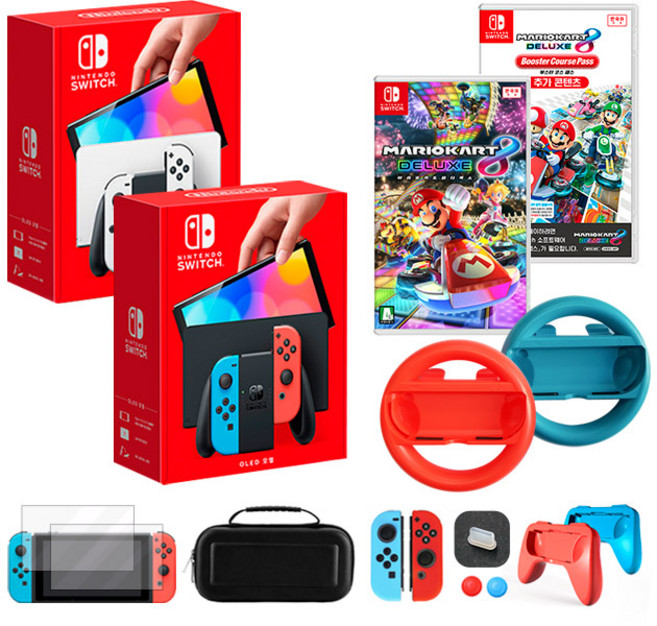 닌텐도 스위치 OLED 화이트+마리오카트8 디럭스+부스터코스 패스+해피플러스 핸들 악세사리 풀 패키지