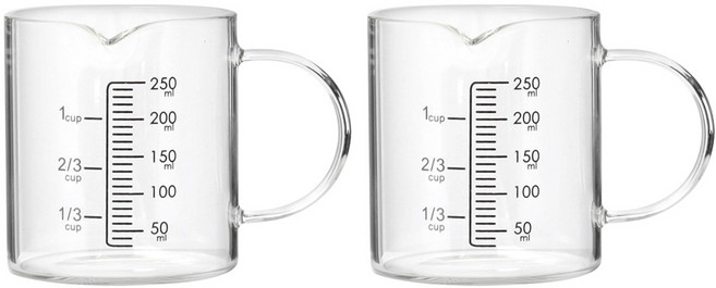 [강도테스트 완료] 강화유리 계량컵 2개입 세트 직화용 비커 컵 내열 계량 유리컵, 2개, 250ml, 단일