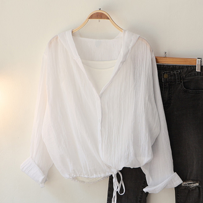 스카이코코 여성 긴팔 시스루 남방 비치 후드 스트링 셔츠