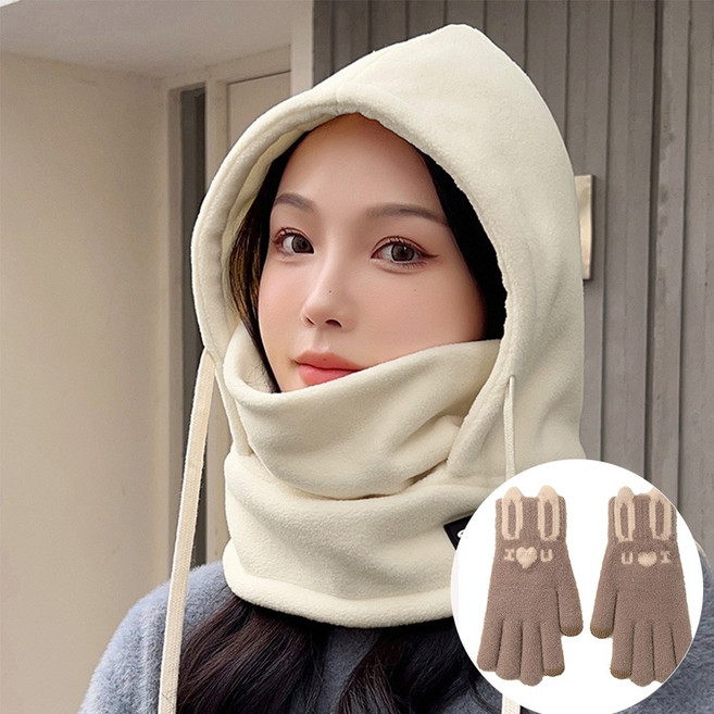 나니아 겨울 후드 넥워머 바라클라바 목도리 모자 +스마트 장갑세트, 아이보리, 1개