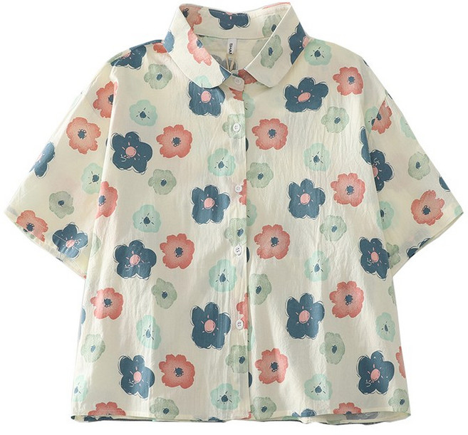 티티웍스 여성 둥근카라 루즈핏 플라워 반팔 셔츠 데일리 캐주얼